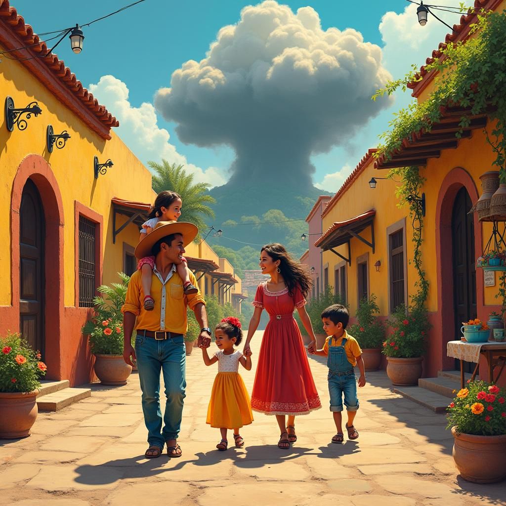 Family Stroll Through Mexican Village in Folk Art Style