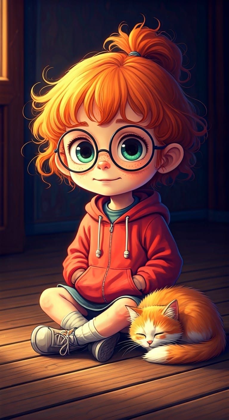 Girl with Cat in Whimsical Thin Line Art Style