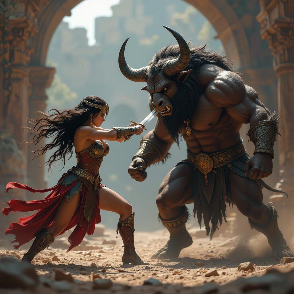 Carmen Electra Amazon Warrior Fights Minotaur