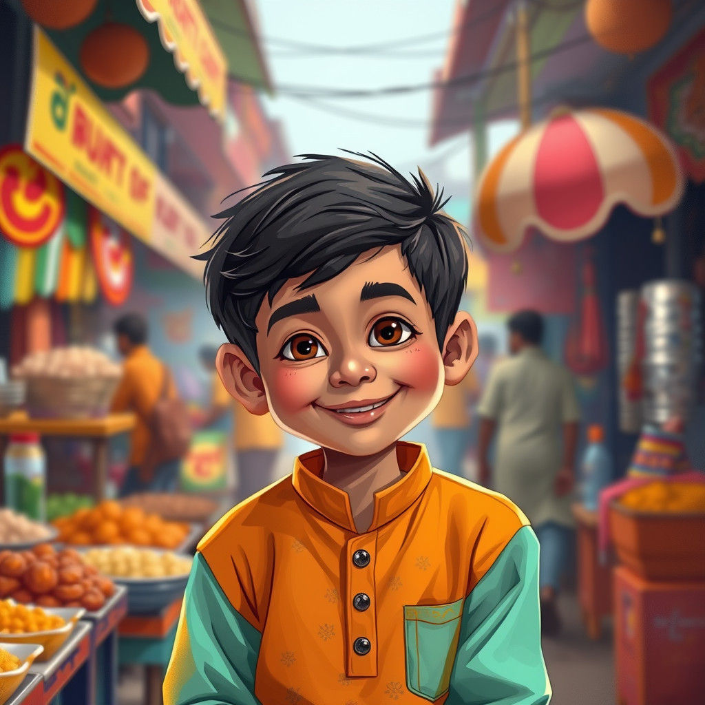 Young Boy in Indian Marketplace, Folk Art Style