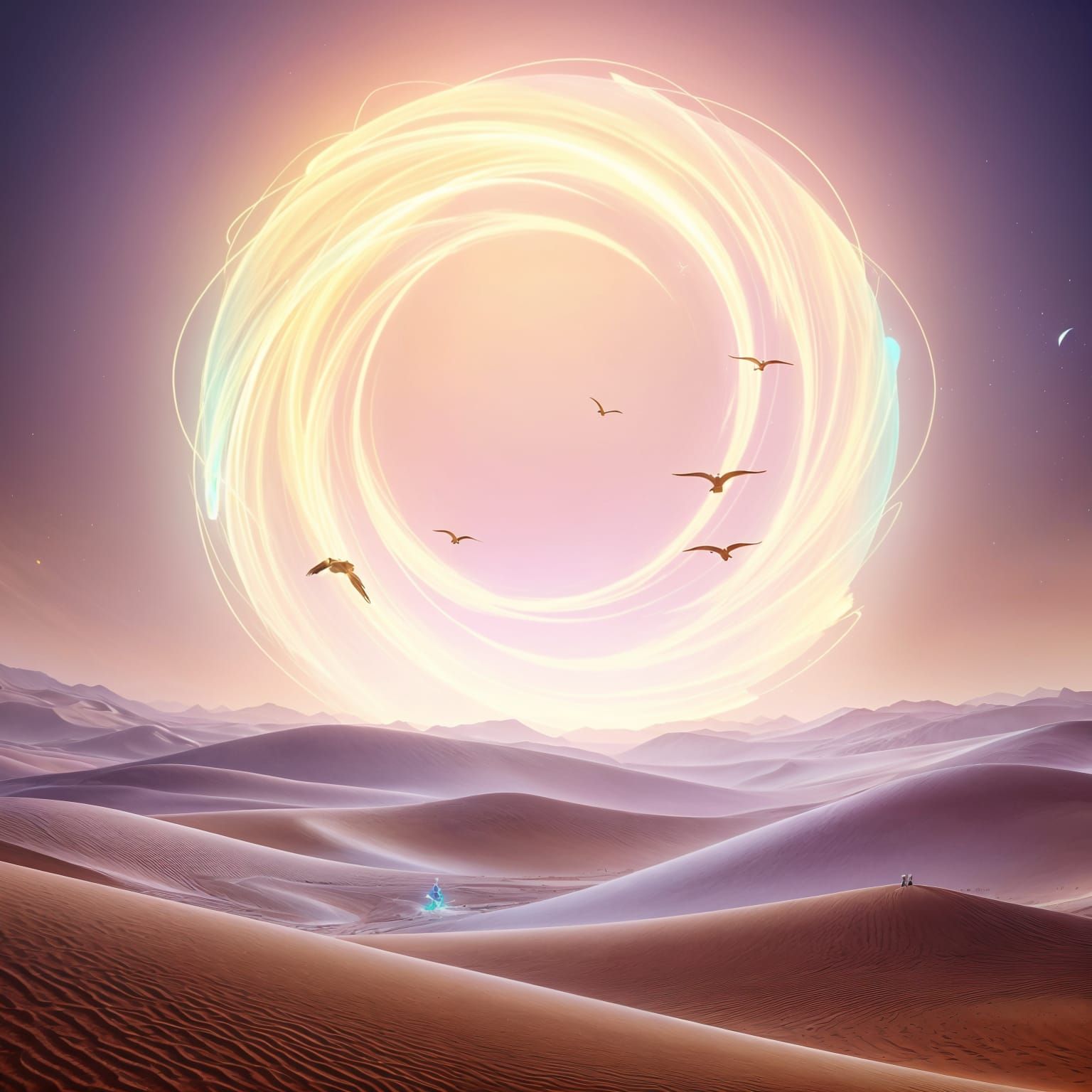 Luminous Portal in Arid Cyberpunk Landscape