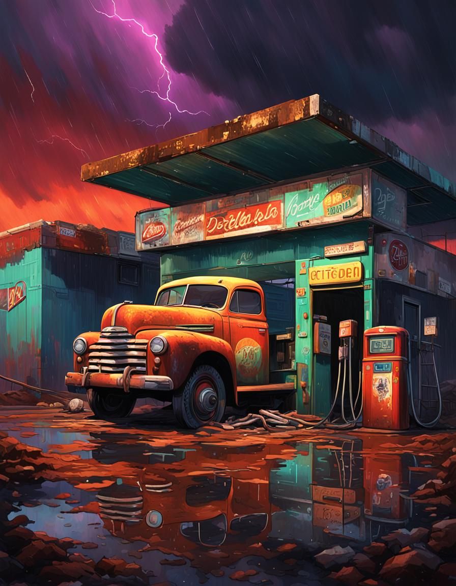 Derelict 1950s Gas Station with Neon Lights