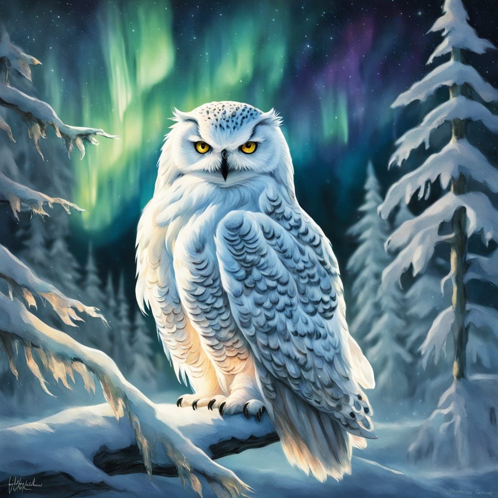 Snowy Owl Watches Aurora Over Forest with Wolf