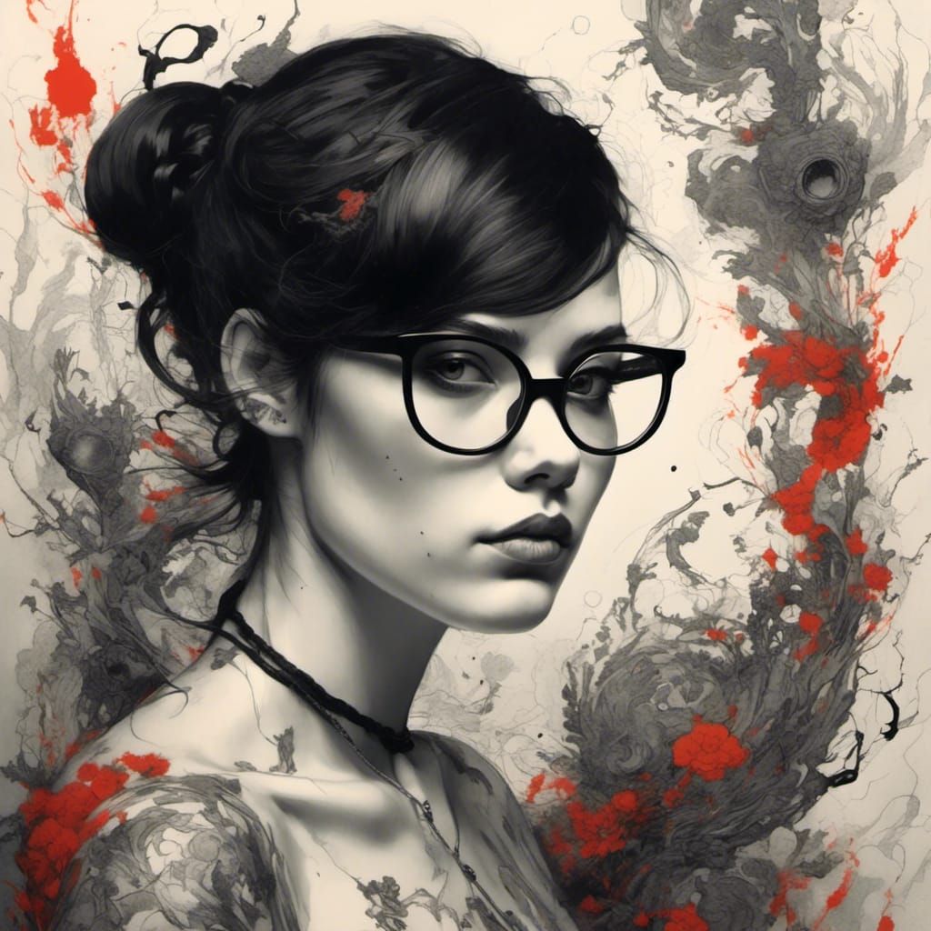 Tattooed Girl with Black Hair and Glasses