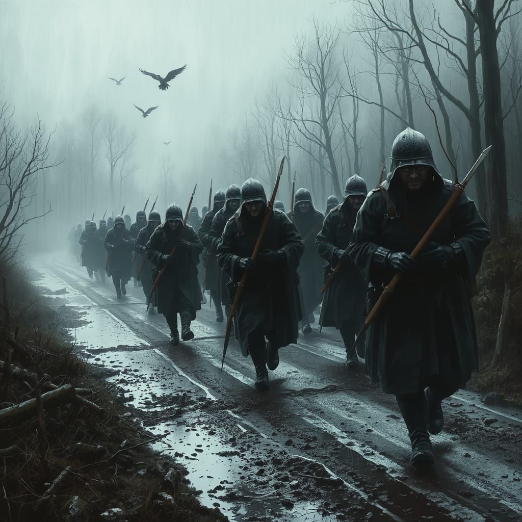 Medieval Soldiers March Through a Stormy Winter Landscape