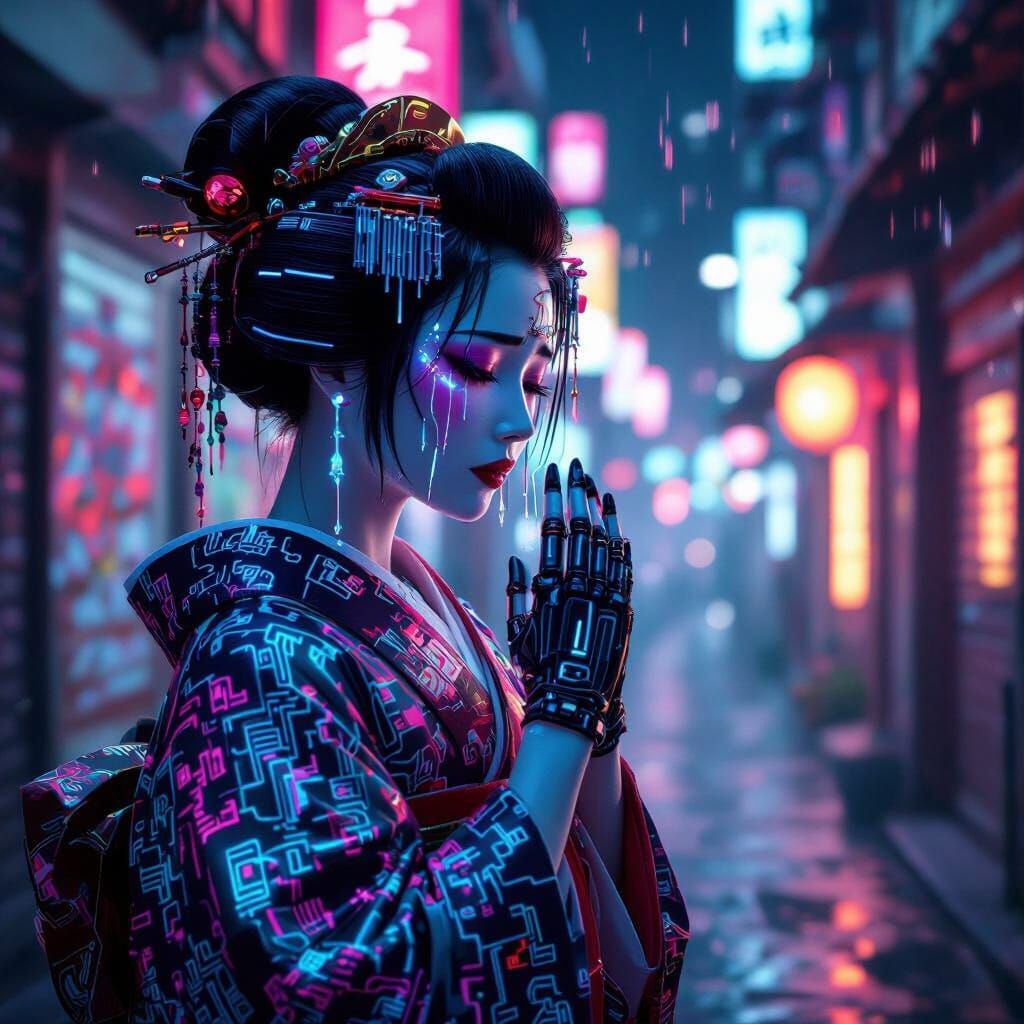 Android Geisha Weeping in Neon Alleyway, Biopunk Style
