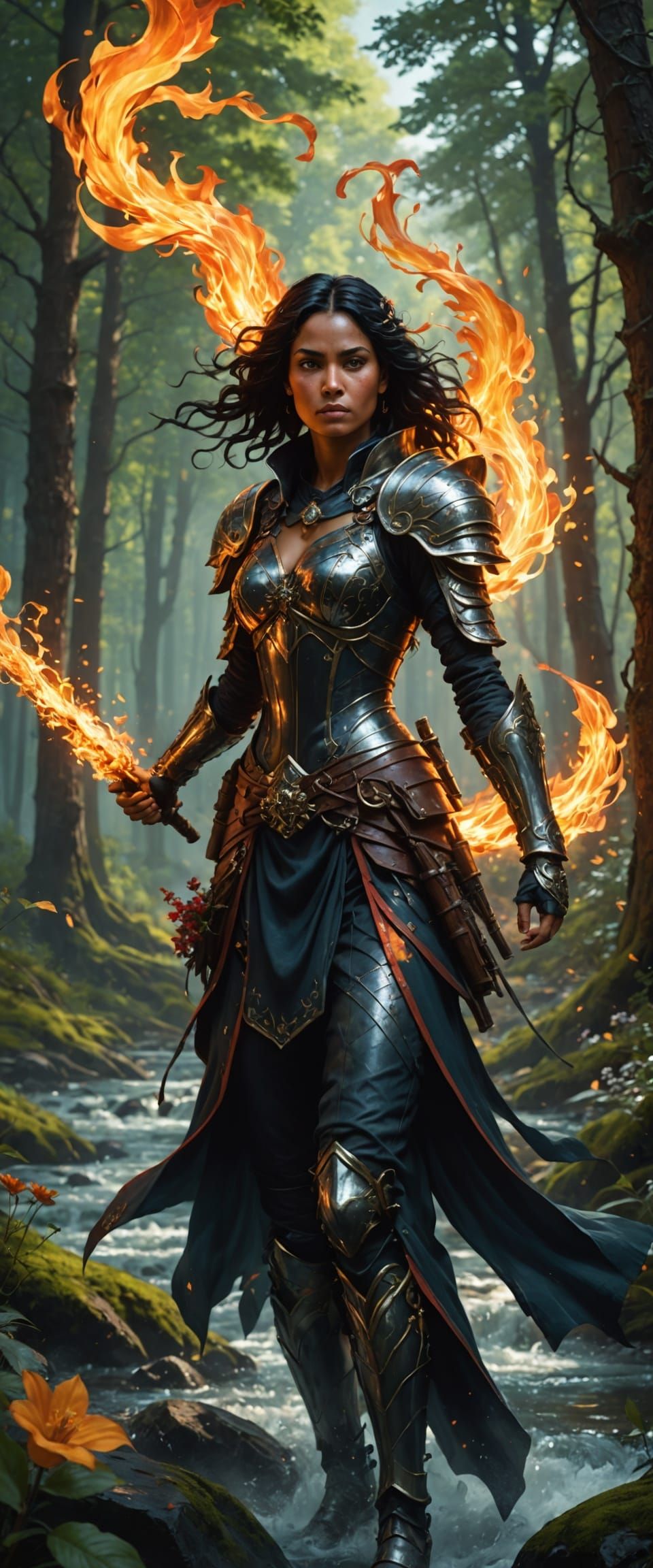 Dark Fantasy Warrior Maiden with Flaming Armor and Ice Whip ...