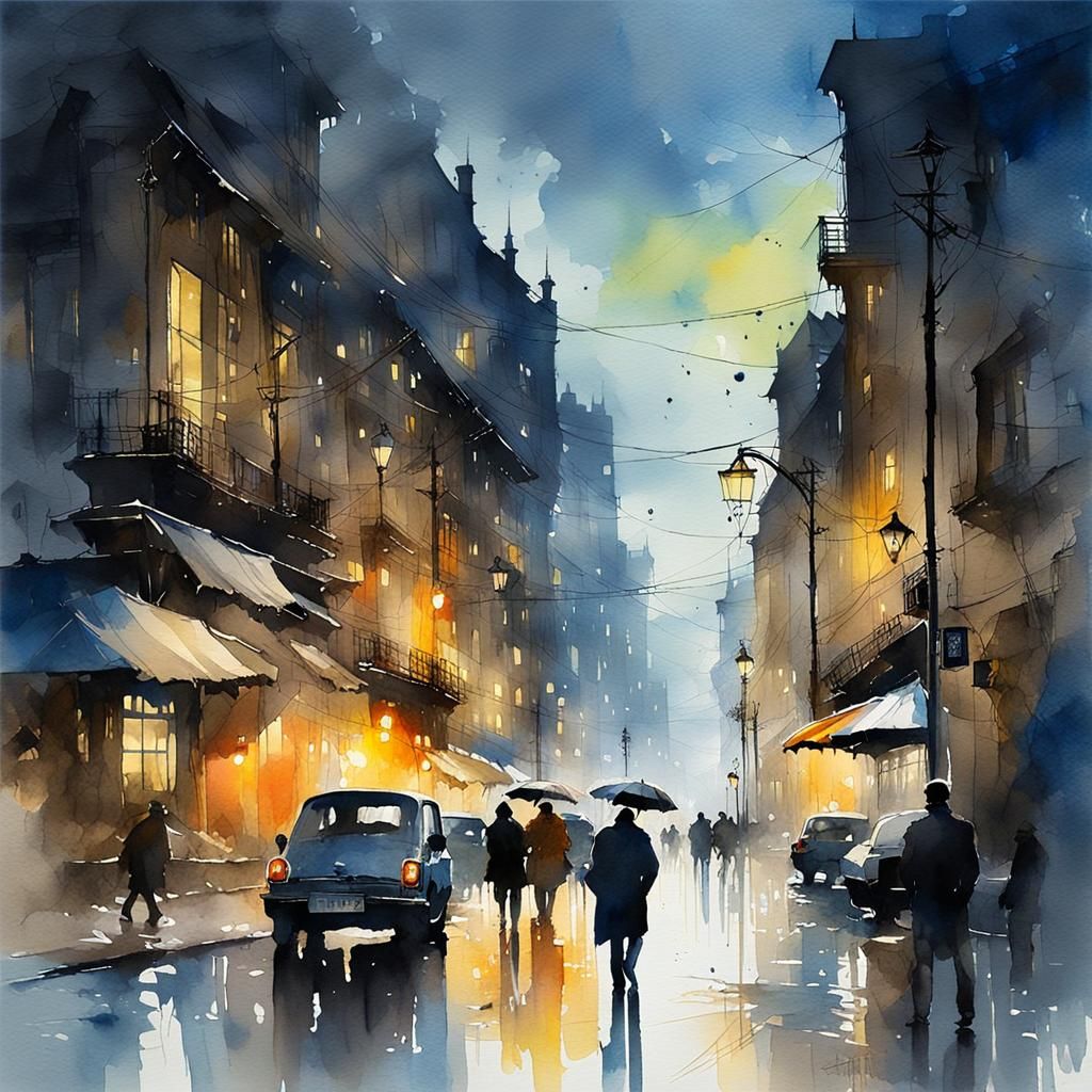 Watercolor Urban Nightscape with Intense Details