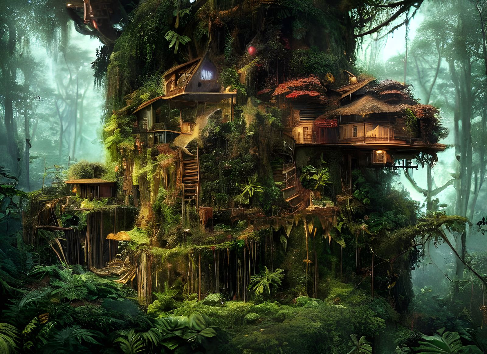 Epic Jungle Treehouse Scene in Hyperdetailed Digital Paintin...