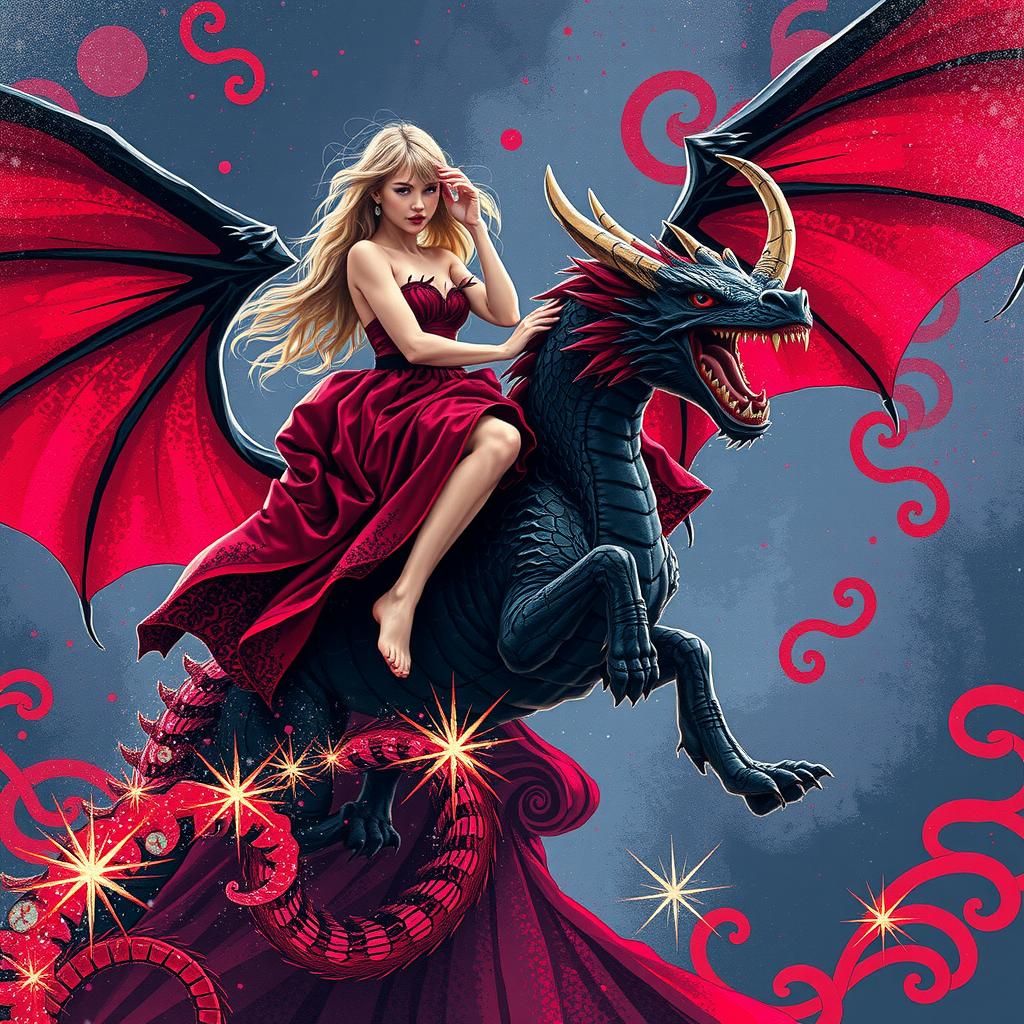 Taylor Swift Rides a Dragon in Glitch Art Style