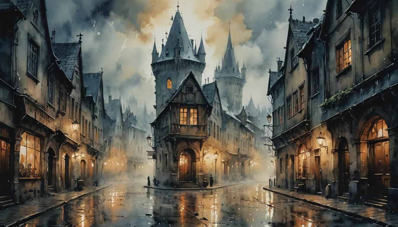 Misty Medieval Street Scene with Plague Doctors