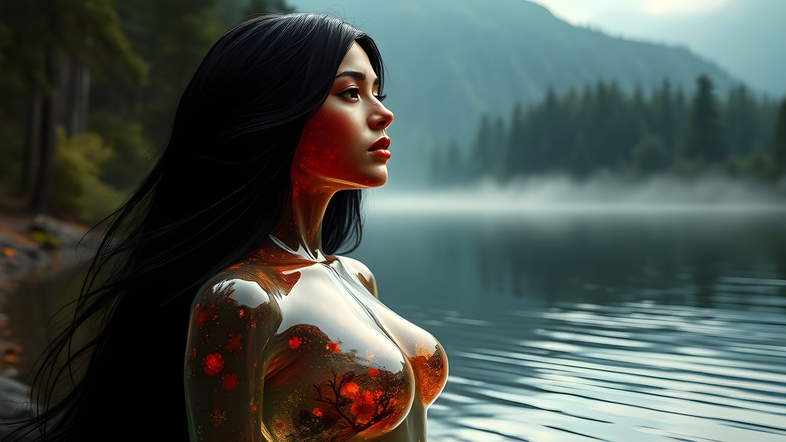 Glowing Glass Lady with Forest River View