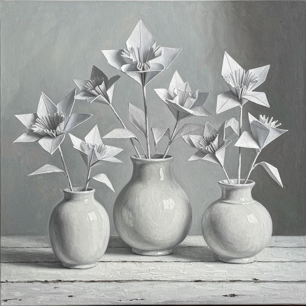 Intricate Origami Garden: Impasto Painting in Morandi Style