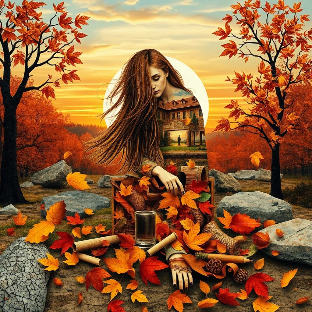 Autumn Paper Collage: Woman in Surreal Landscape