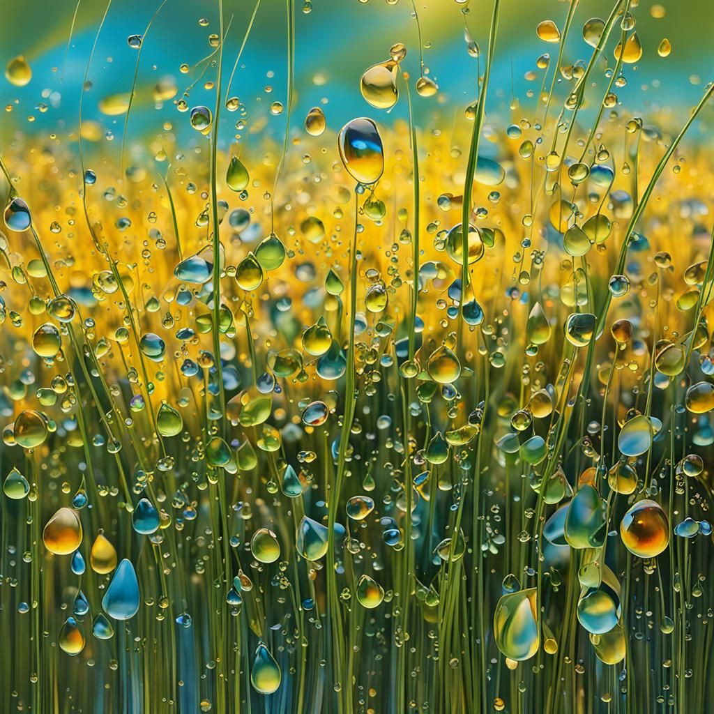 An abstract composition of reflective dewdrops on Sun lit gr...
