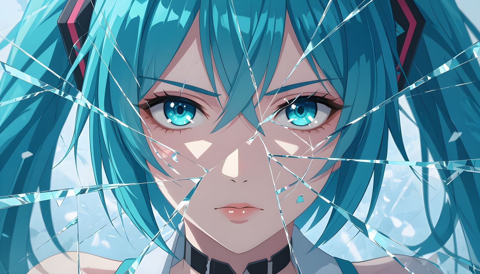 Hatsune Miku Portrait with Shattered Glass in Anime Style