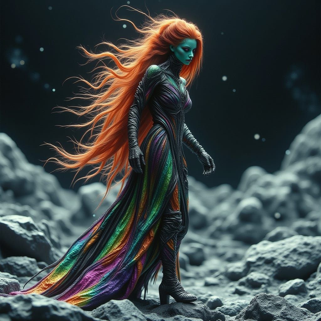 Alien Princess with Golden Red Hair on the Moon