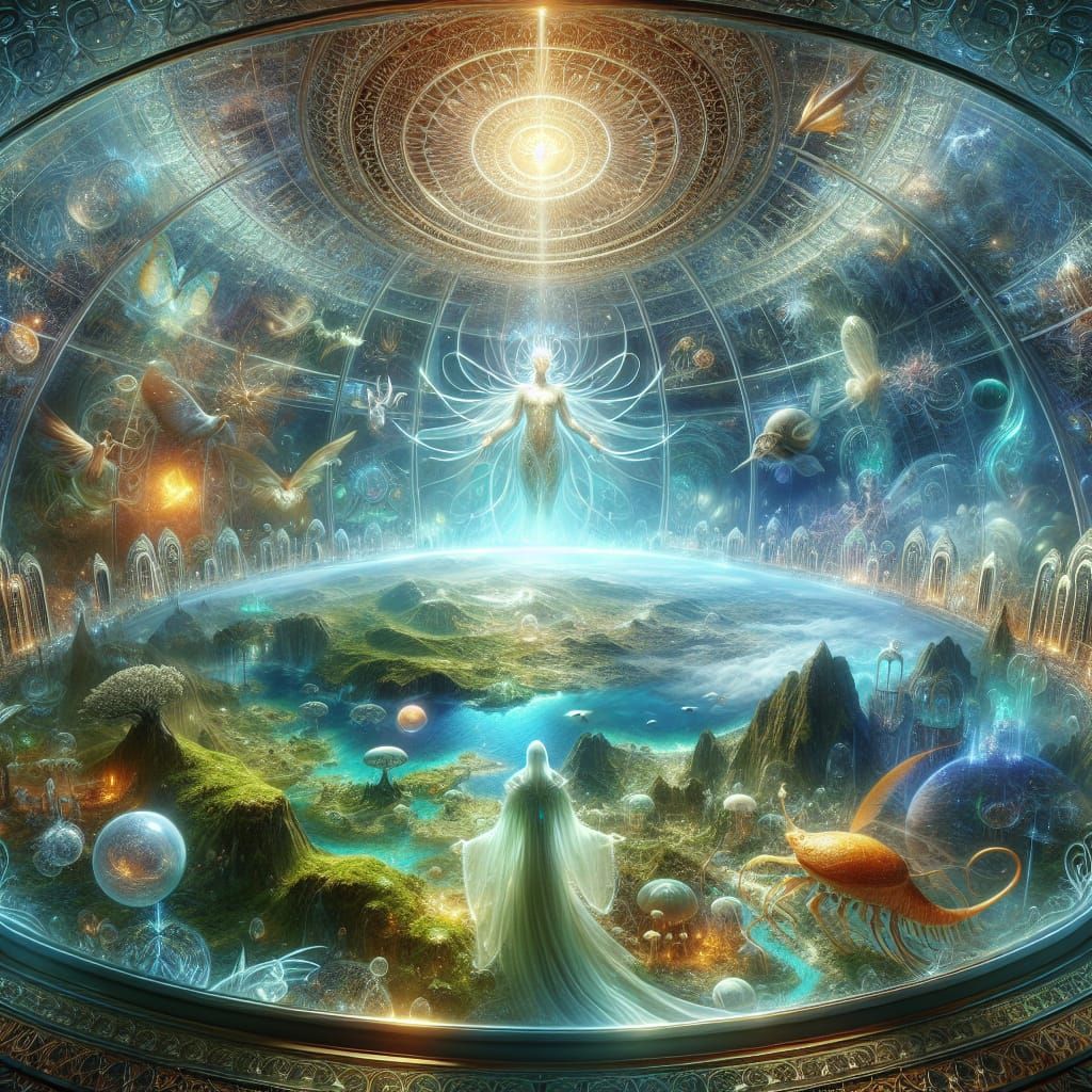 a fantastical fantasy world gleaming in light inside a glass...