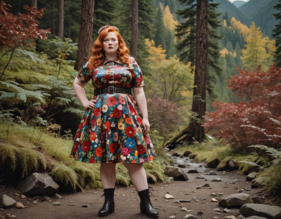 Beautiful ginger 1960s woman in the forest