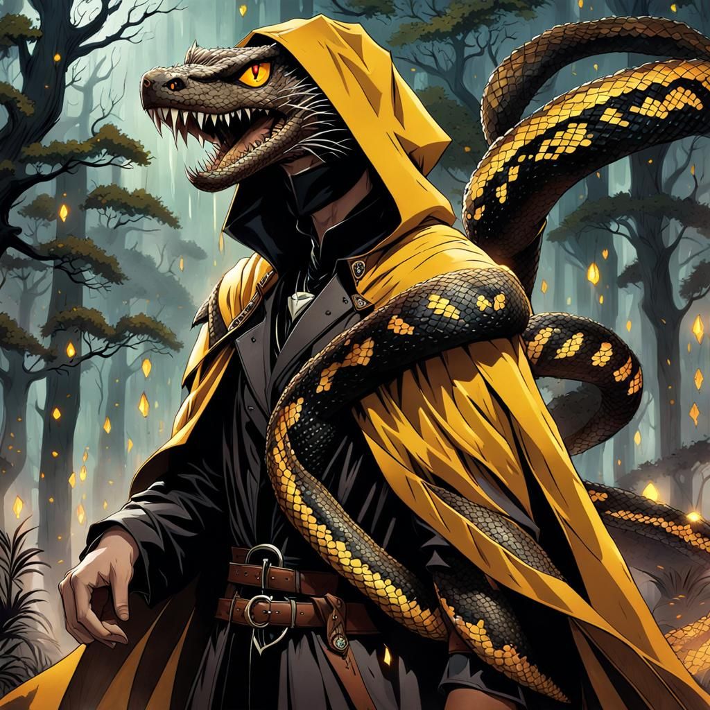 Serpent Man in Misty Forest, Anime Style