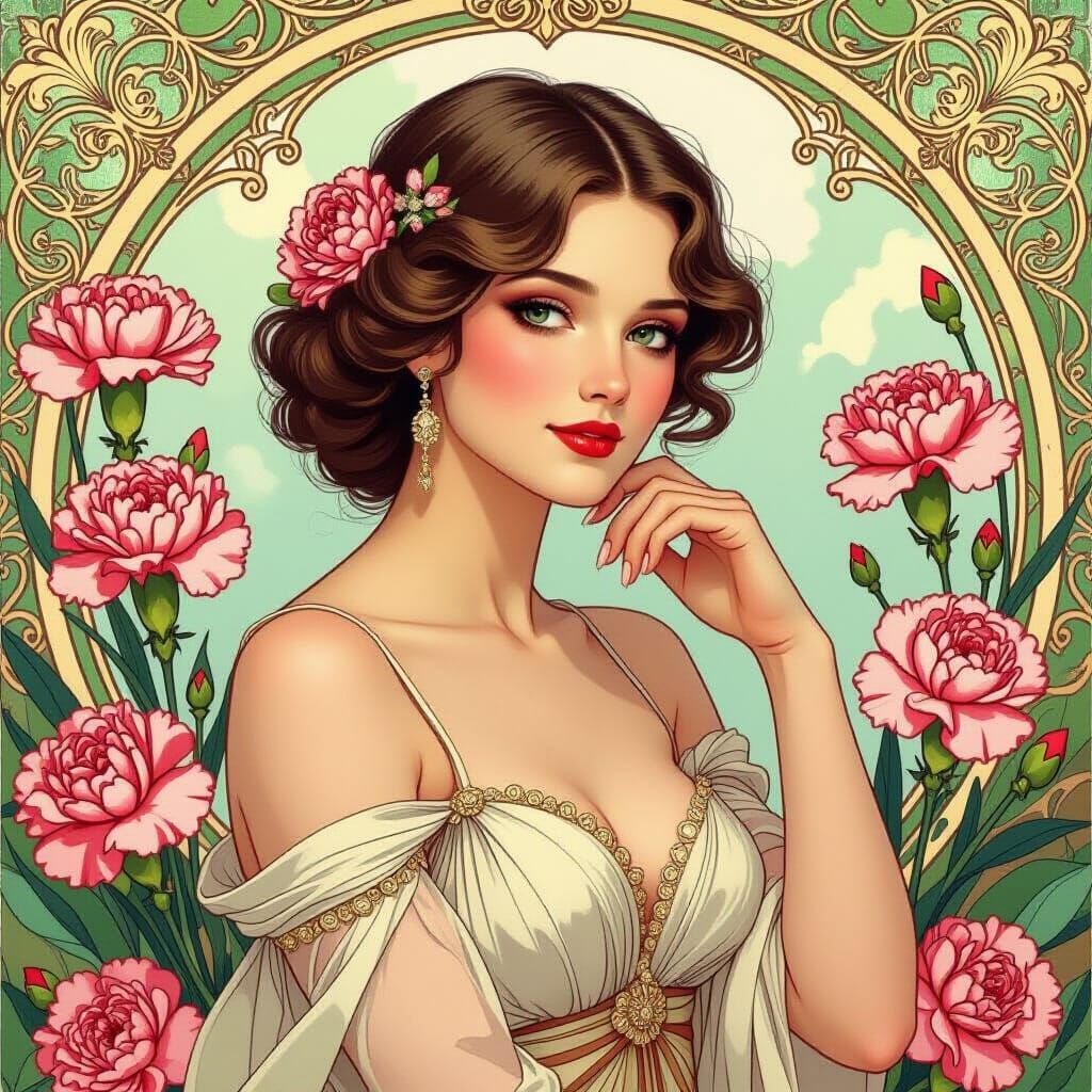 Elegant Woman in Carnations, Art Nouveau Style