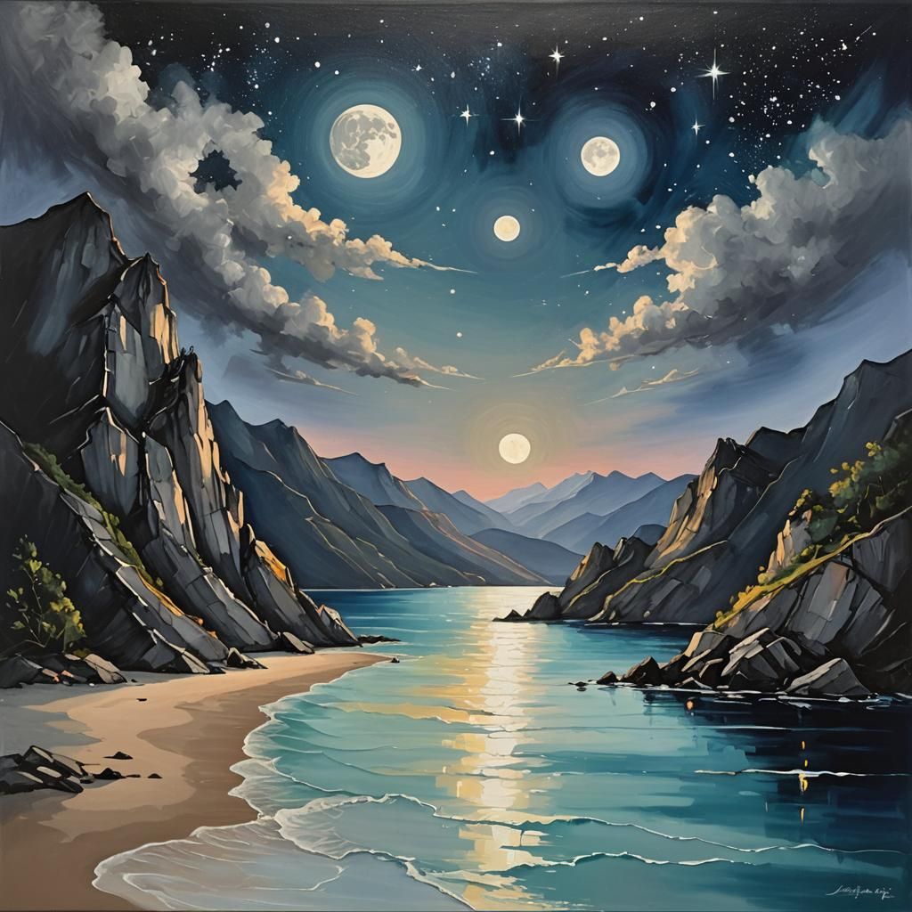 Moonlit Bay Between Mountains: Abstract Art