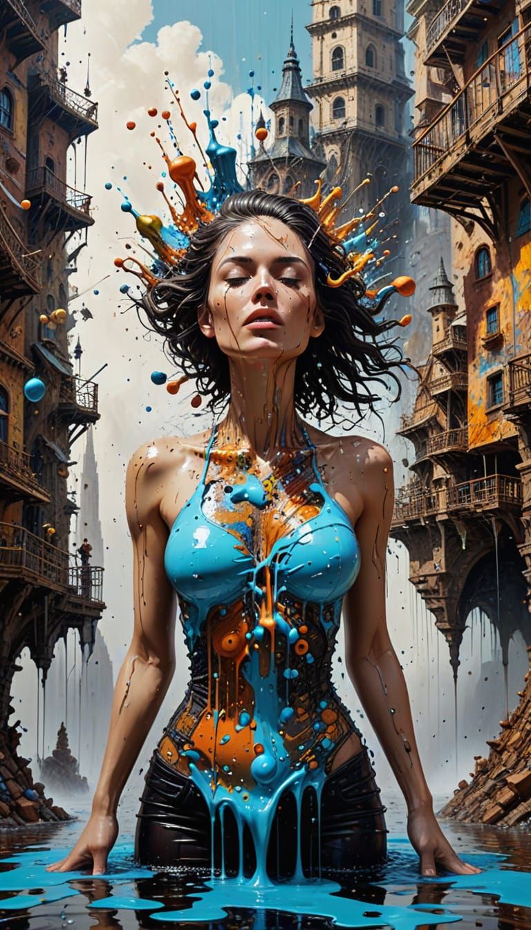 Whimsical Woman in Collapsing Architecture: Acrylic Pour