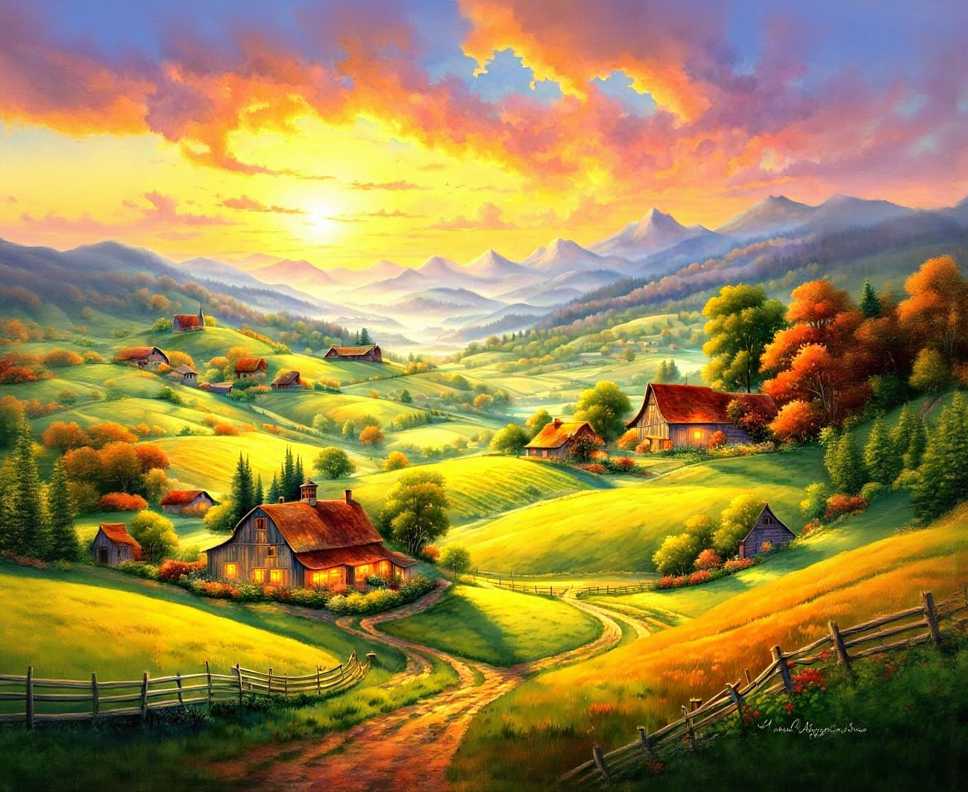 Watercolor Countryside Farm Panoramic Landscape