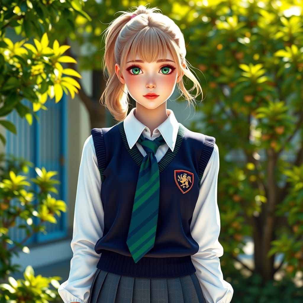 Elegant Schoolgirl in Vibrant Surroundings