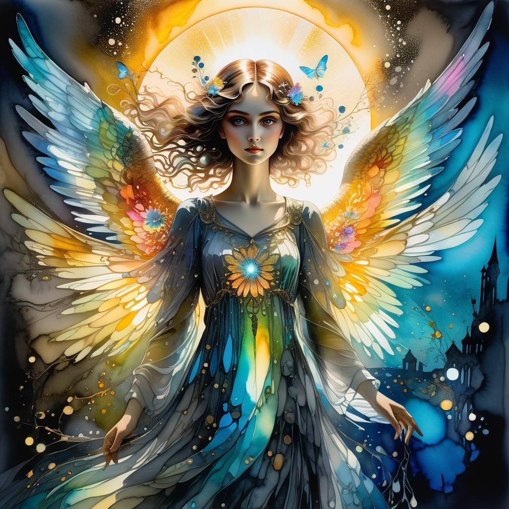 Luminous Angel with Iridescent Wings: Detailed Watercolor