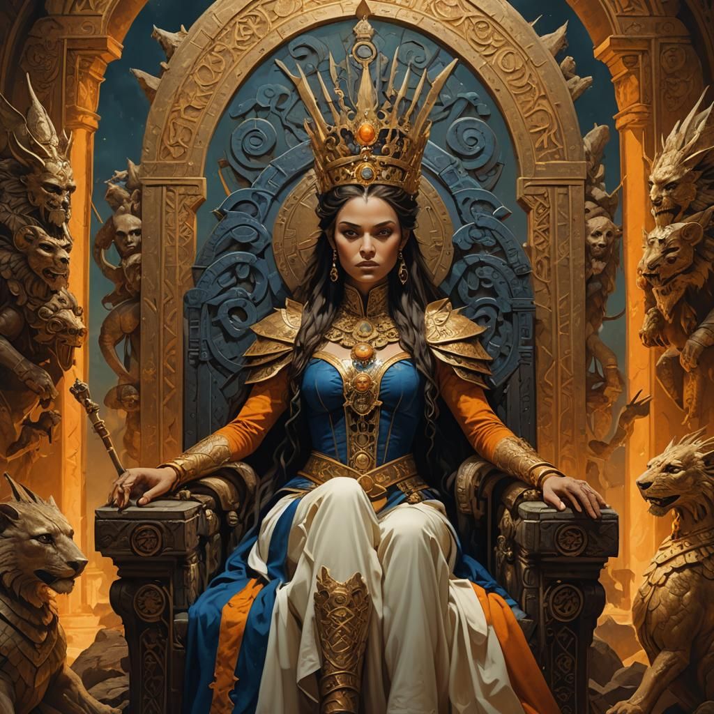 Regal Woman on Throne: Fantasy Portrait in Brom Style