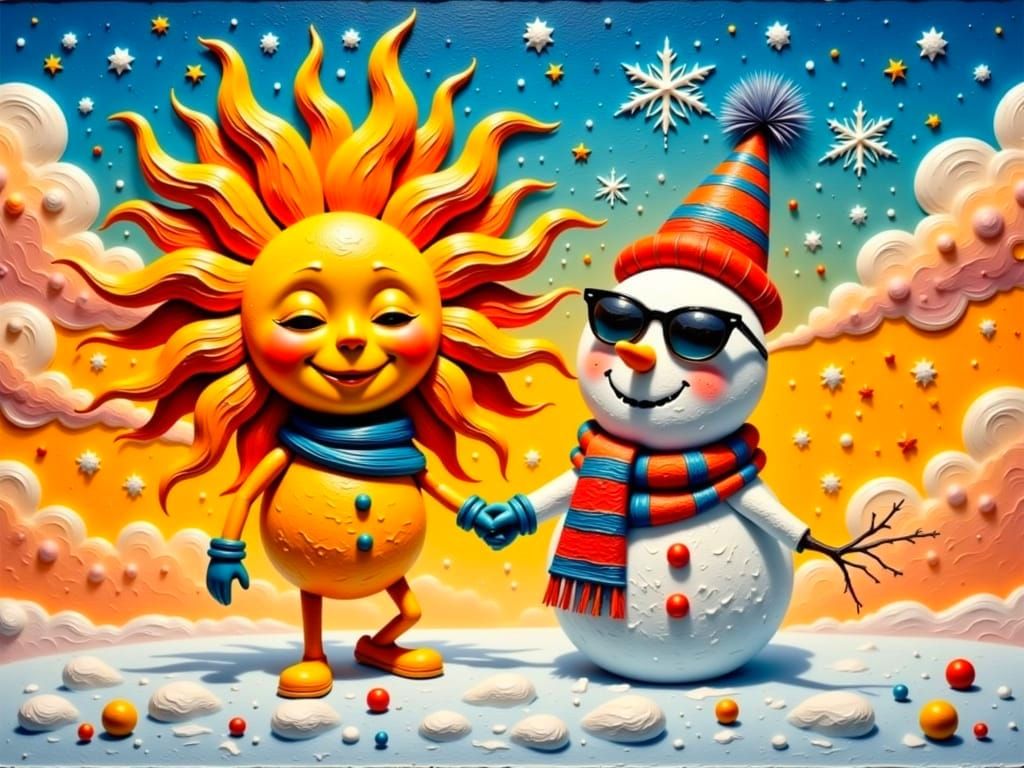 Friendly Snowman and Sun Walk Together in 3D Impasto Style