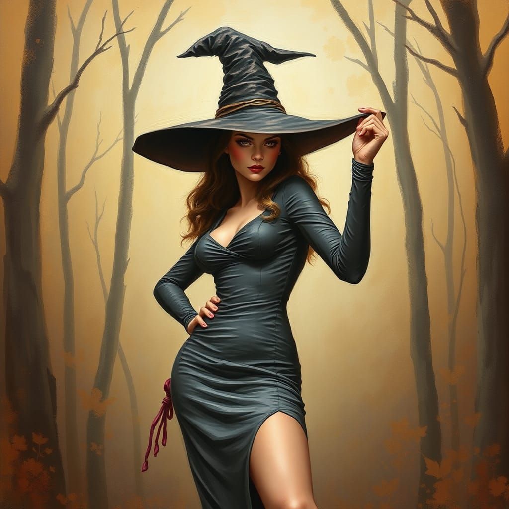 Elegant Witch in Mystical Forest, Impressionist Painting