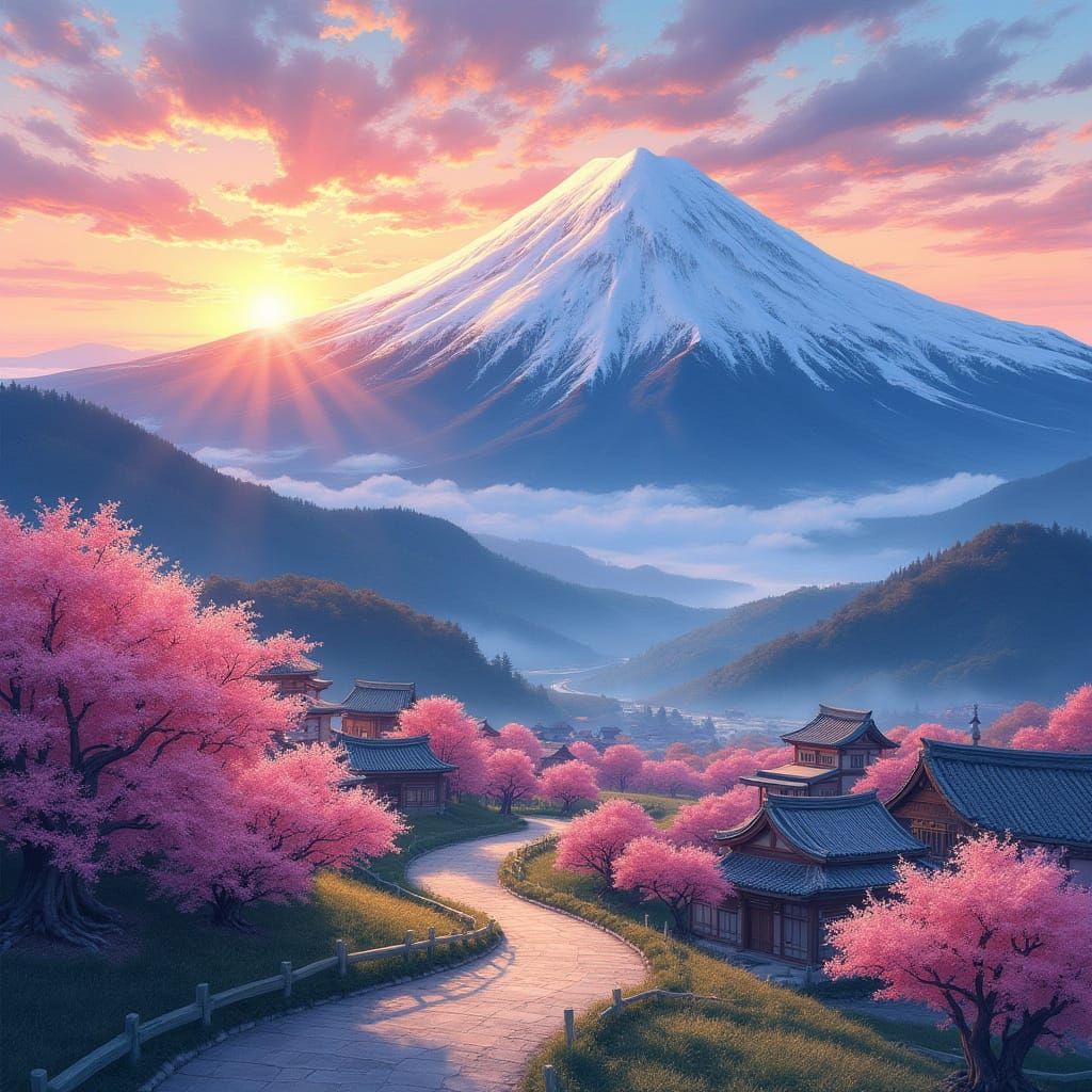 Snowy Mountain Range at Sunrise, Traditional Japanese Villag...