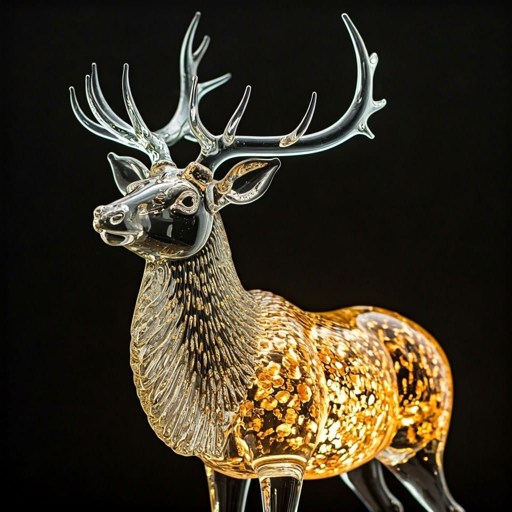 Glass Elk Sculpture: Murano Artistry and Golden Light