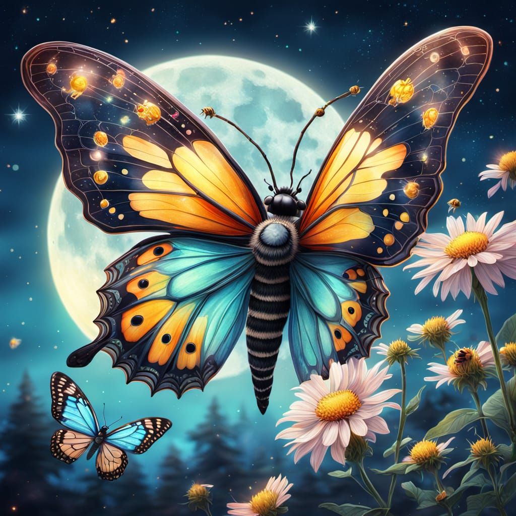 Giant Butterfly-Bee Hybrid Flies by Supermoon in Surreal Dig...