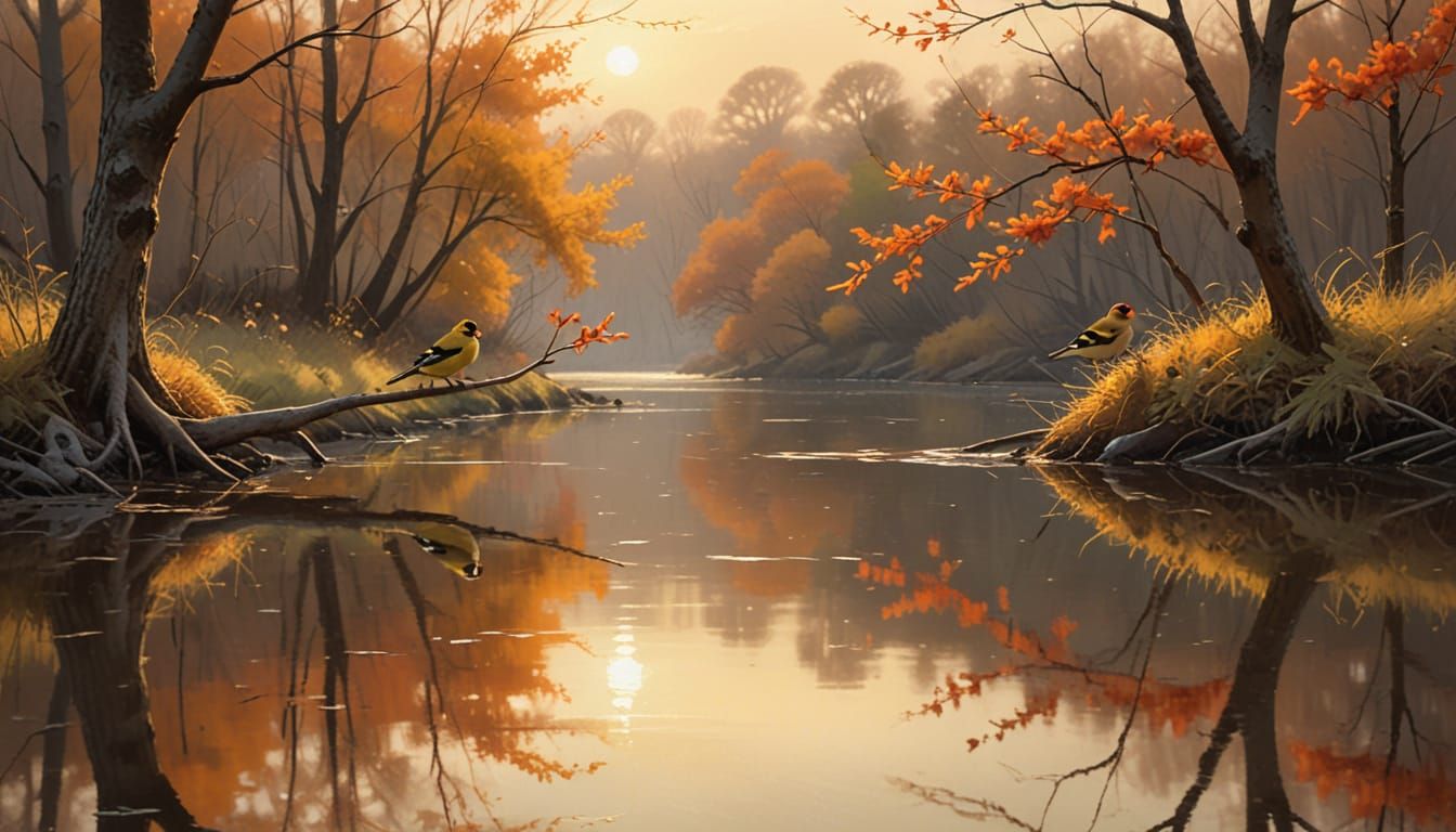 Goldfinches in Autumnal Waterscape: Impressionist Style