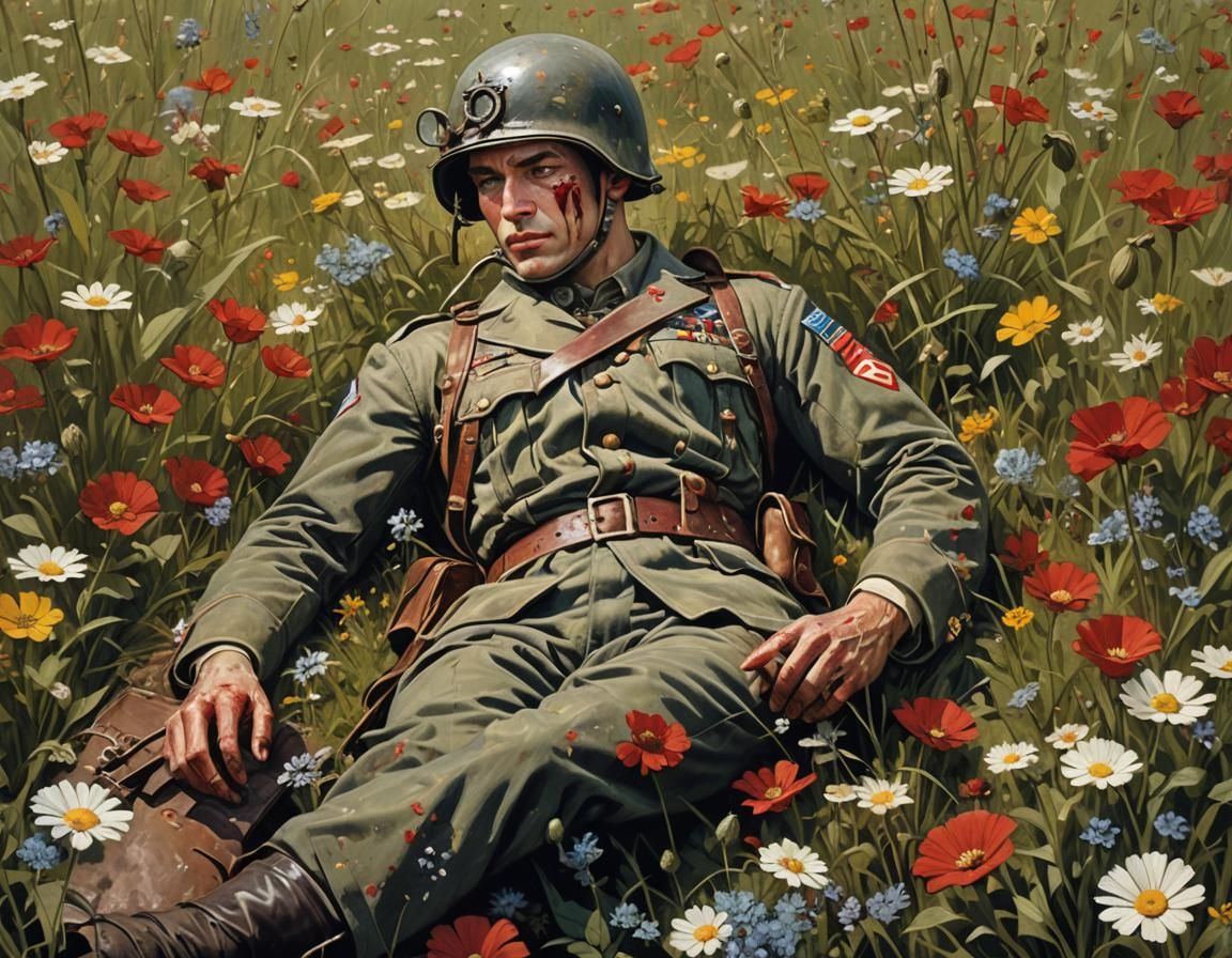 Wounded Soldier in Flower Meadow, Vintage Illustration