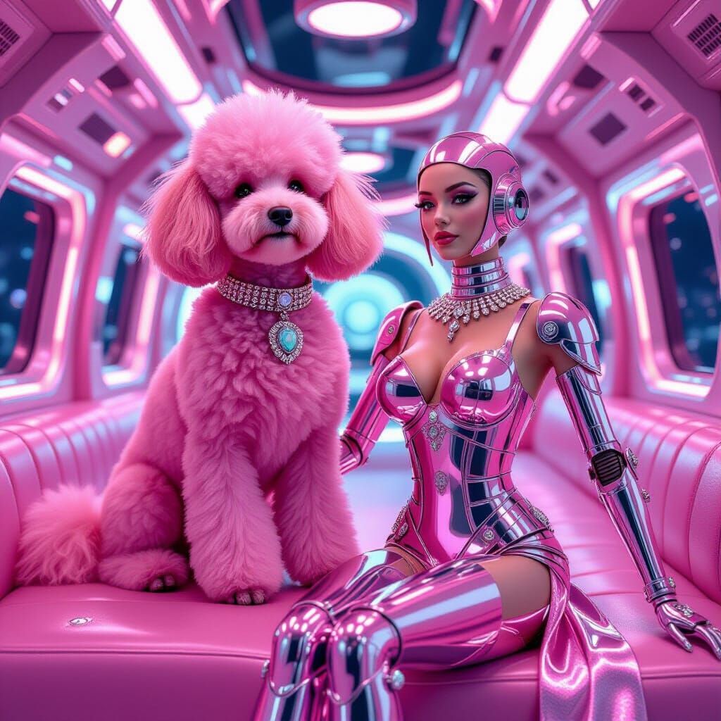 Pink Android Poodle and Robot Woman in Spaceship