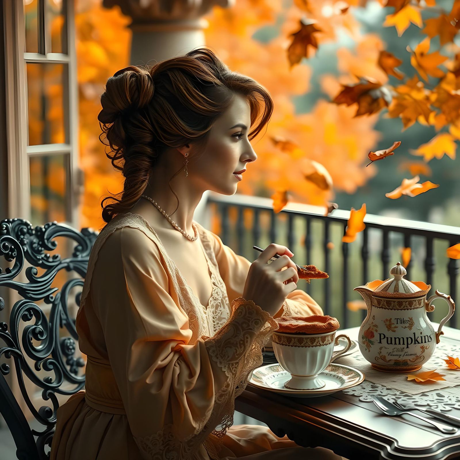 Autumn Tea: Hyperrealistic Woman with Pumpkin Pie