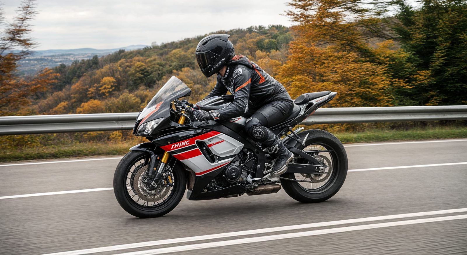 Woman on Racing Bike Speeds Through Autumn Hills