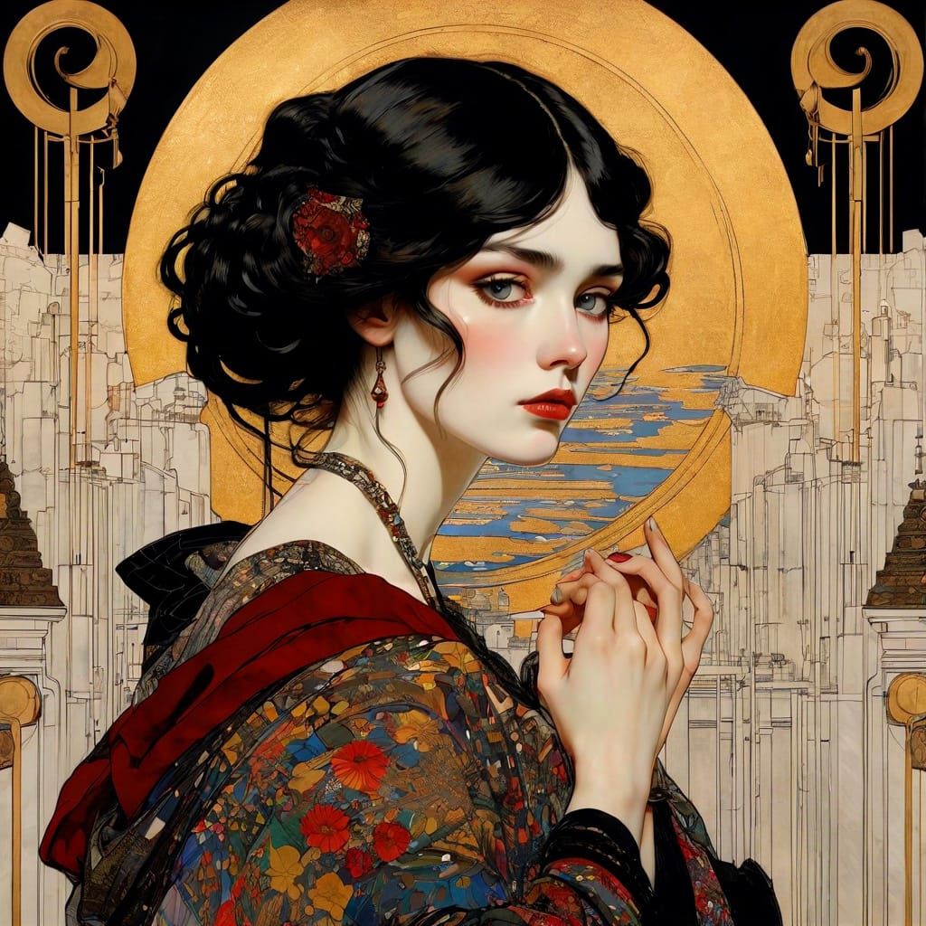 Goth Girl Portrait in Klimt and Schiele Style