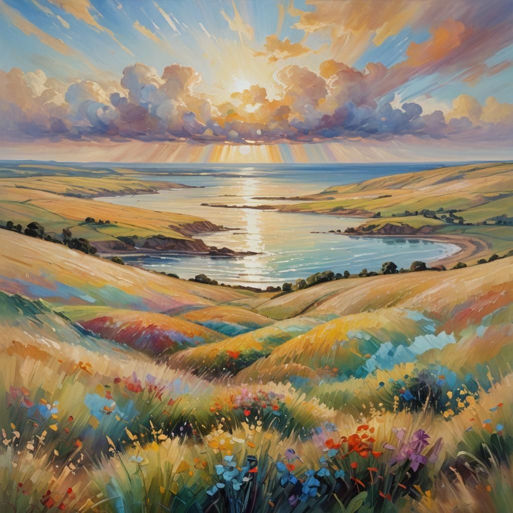 Impressionist Landscape with Flowing Rainbows