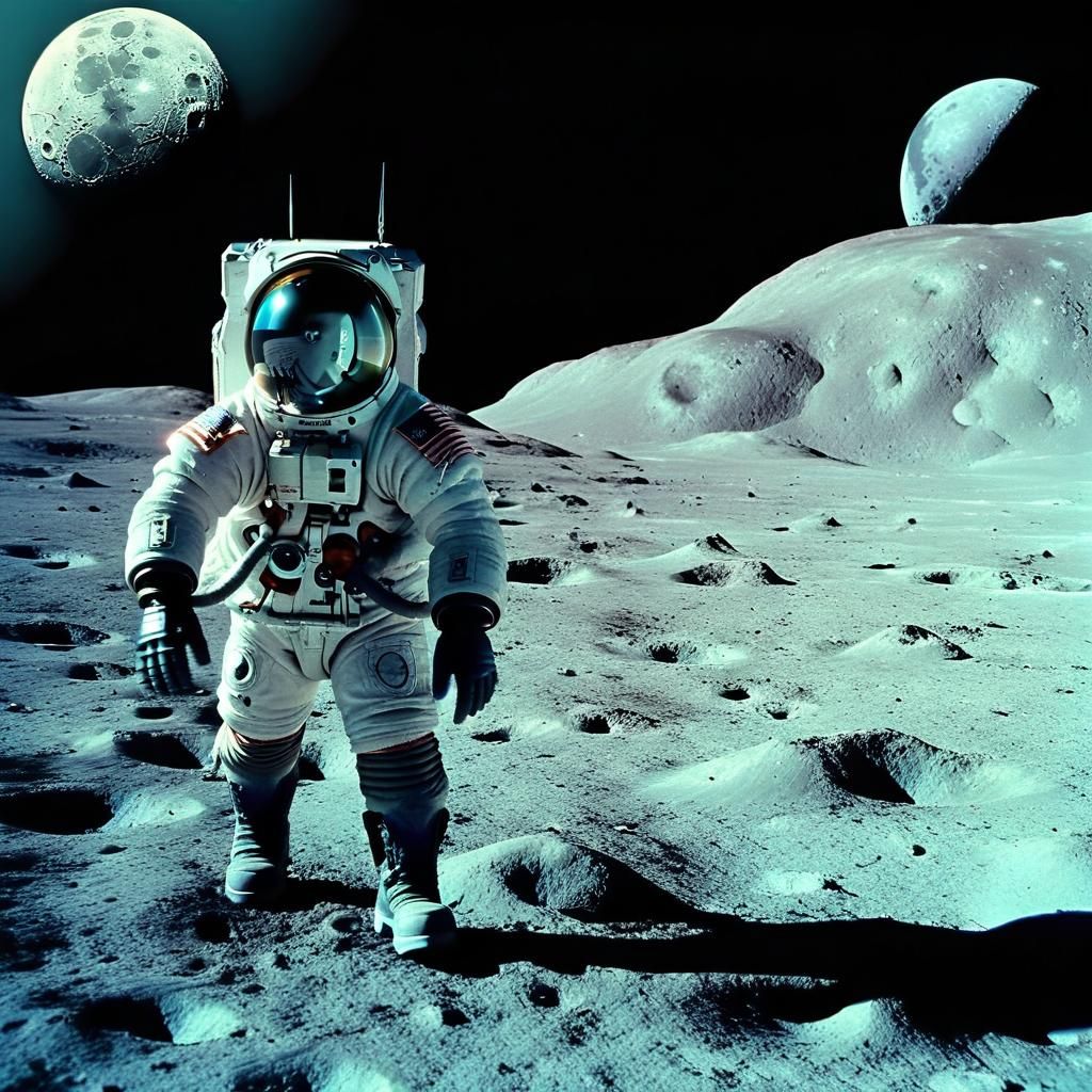 Astronaut's Moonwalk in 1940s Sci-Fi Style