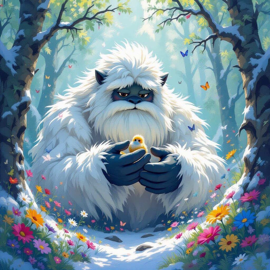 Gentle Yeti Cradles Bird in Whimsical Forest