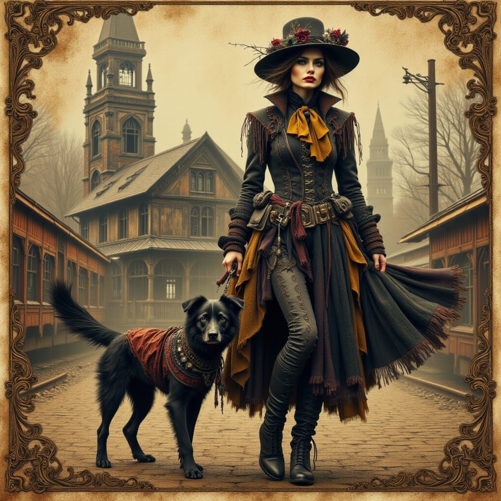 Elegant French Gothic Goddess with Dog in Art Nouveau Style