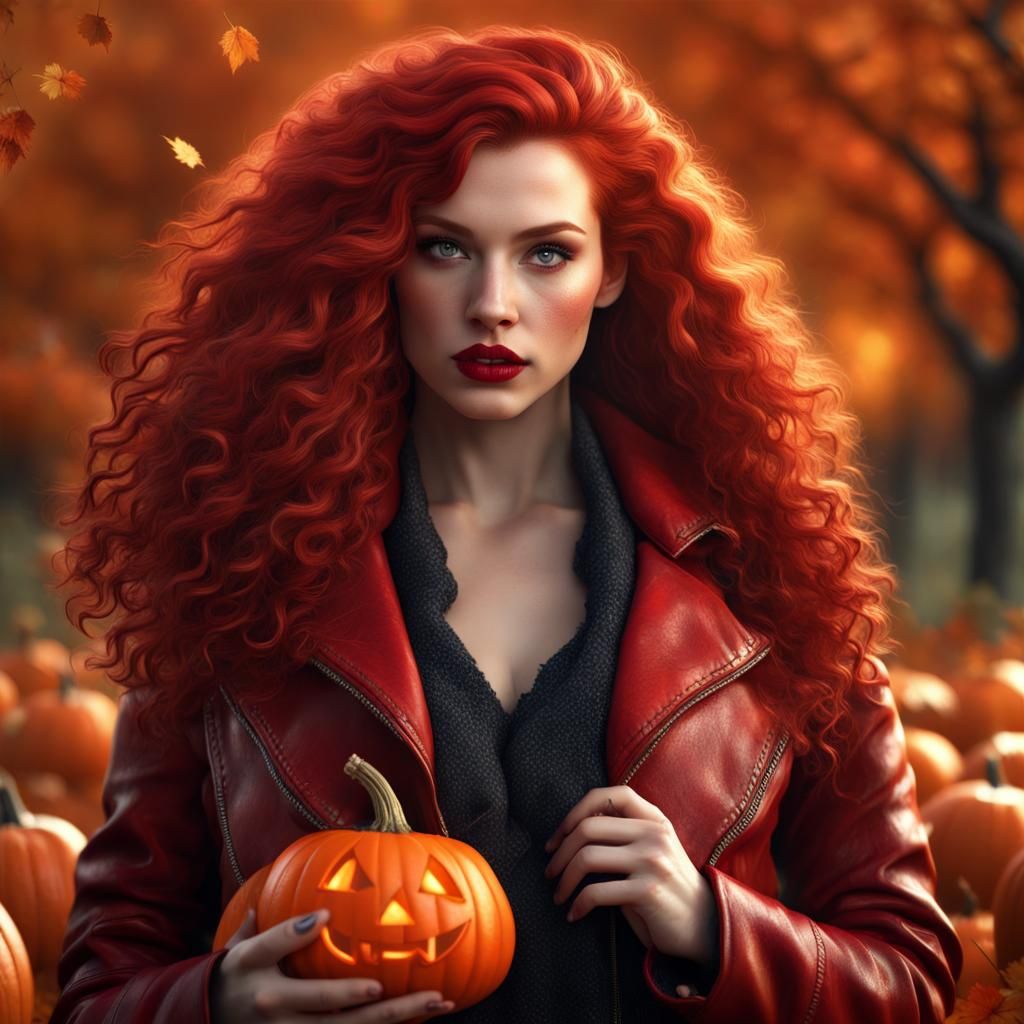 Red-Haired Woman with Jack-O-Lantern, Fantasy Concept Art