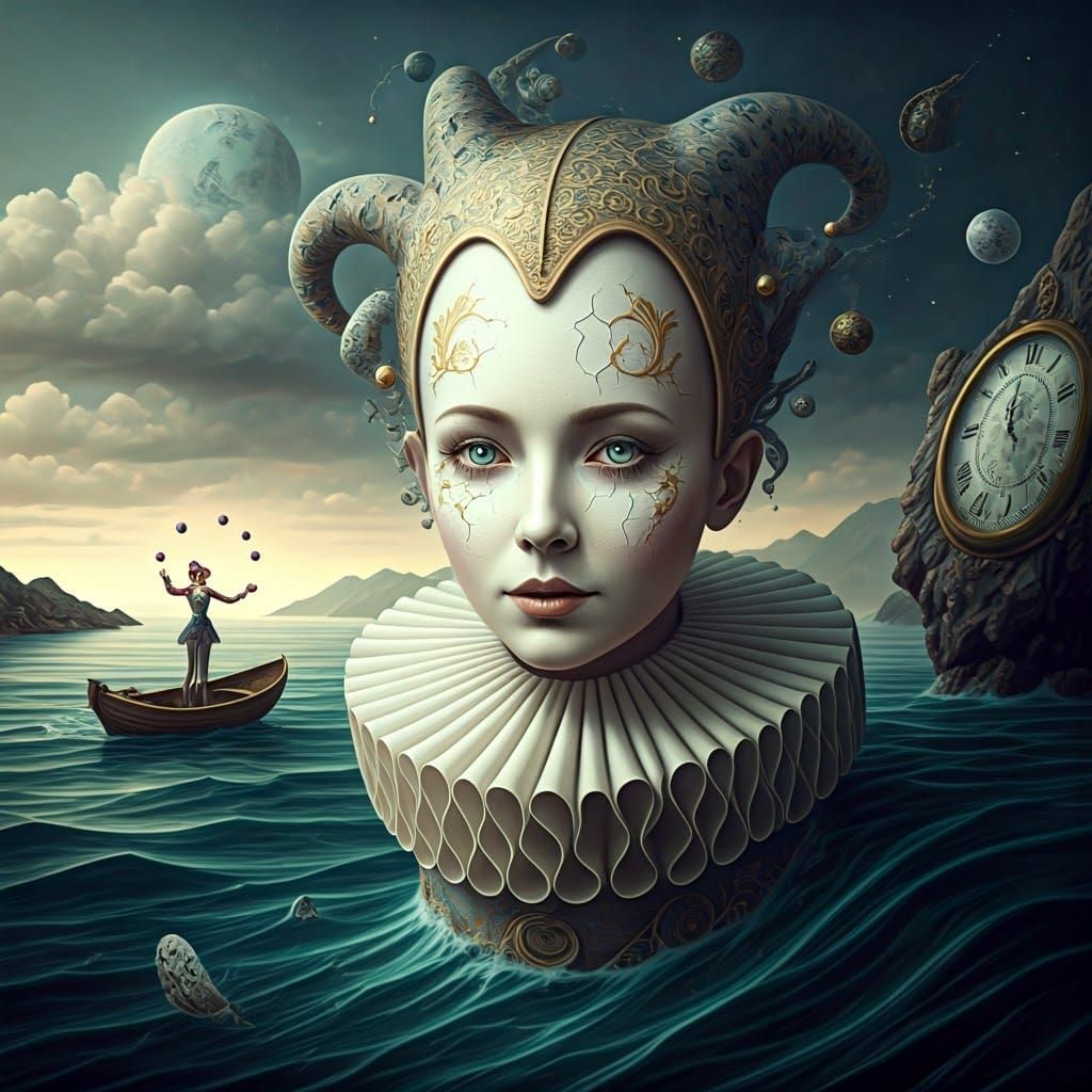 Elegant Harlequin Lady in Dreamscape of Melting Clocks and T...