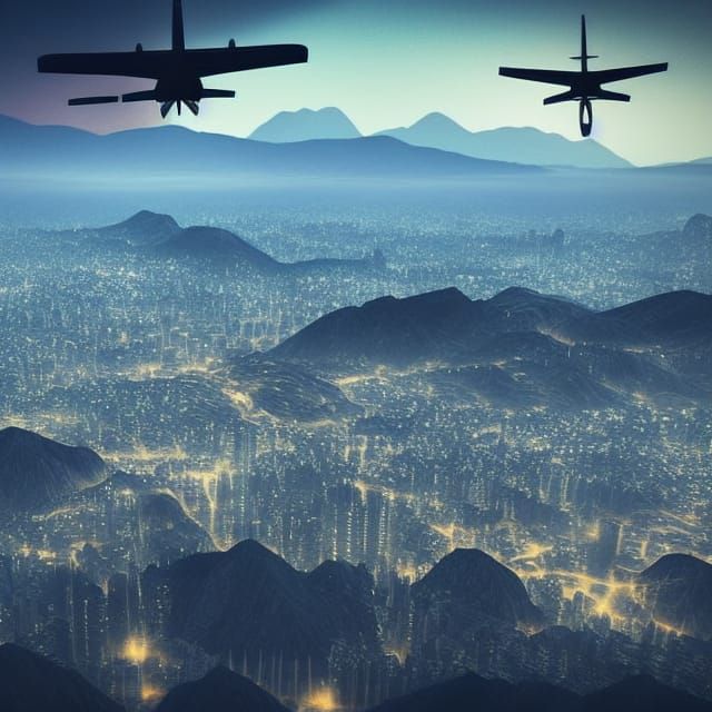 Distant Cityscape with Flying Airplanes: Digital Art