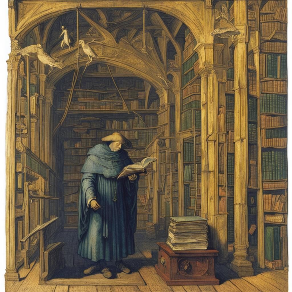 Ancient Library Adventure: Van Eyck and Goya Style